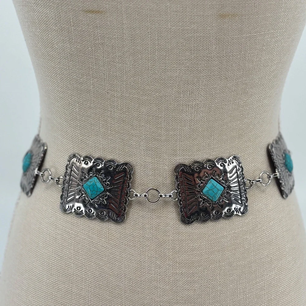 Austin West Concho Chain Belt Women M/L Silver Turquoise Western Boho Adjustable